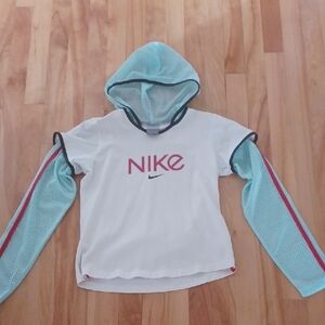 Nike White and Blue Hooded Long Sleeve Shirt Size 12